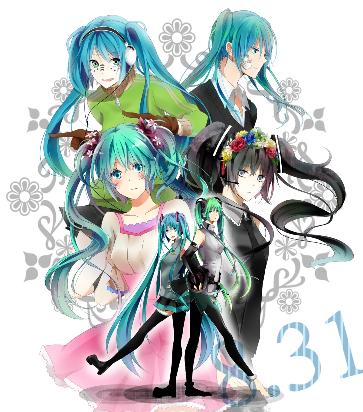 hatsune_miku, matryoshka_(vocaloid), melt_(vocaloid), miku_append, nisoku_hokou_(vocaloid), rolling_girl_(vocaloid), sakumochi, vocaloid, vocaloid_append