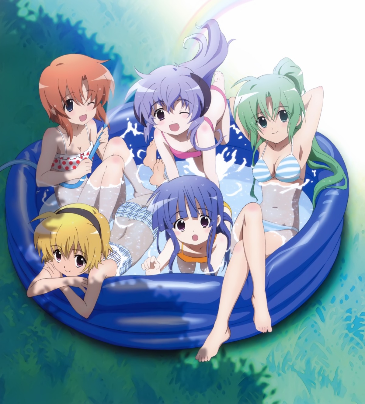 bikini, crossover, feet, furude_rika, hanyuu, higurashi_no_naku_koro_ni, horns, houjou_satoko, kikuchi_youko, ryuuguu_rena, sonozaki_mion, swimsuits, umineko_no_naku_koro_ni