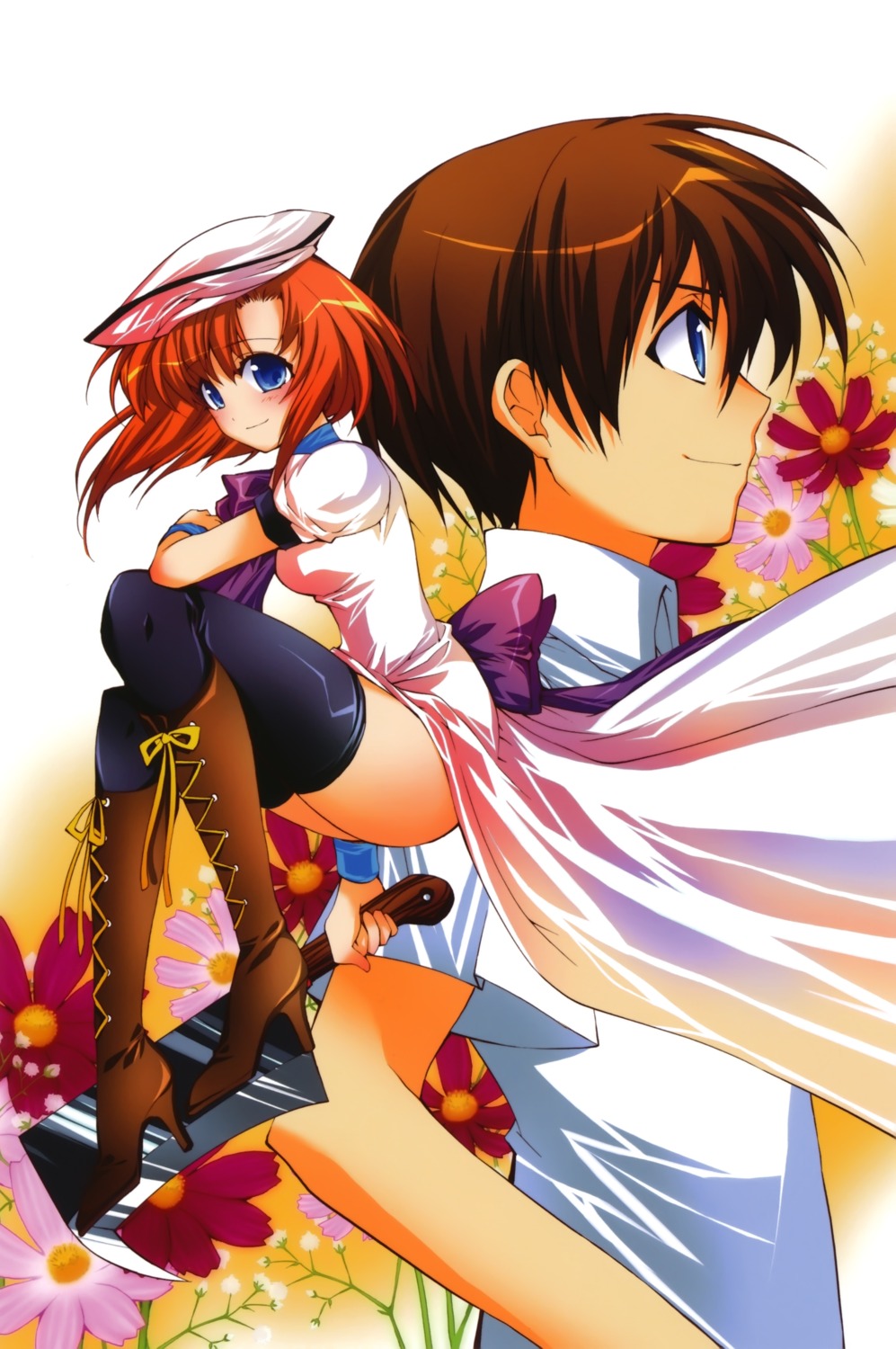 higurashi_no_naku_koro_ni, maebara_keiichi, ryuuguu_rena, seifuku, suzuragi_karin, thighhighs