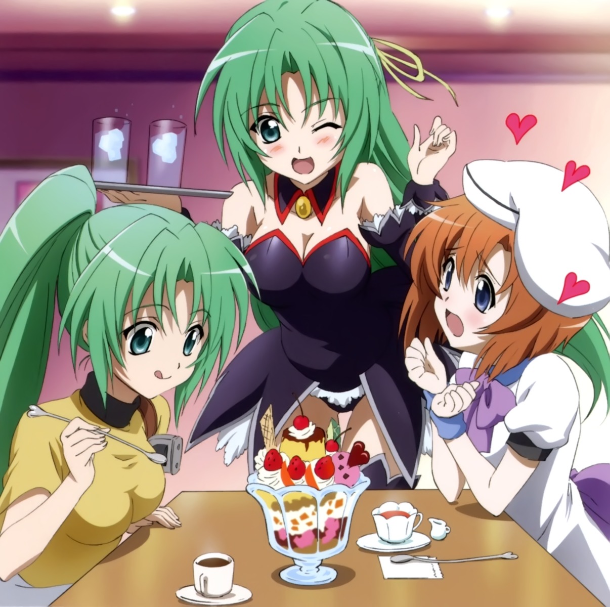 cleavage, higurashi_no_naku_koro_ni, ryuuguu_rena, sakai_kyuuta, sonozaki_mion, sonozaki_shion, waitress