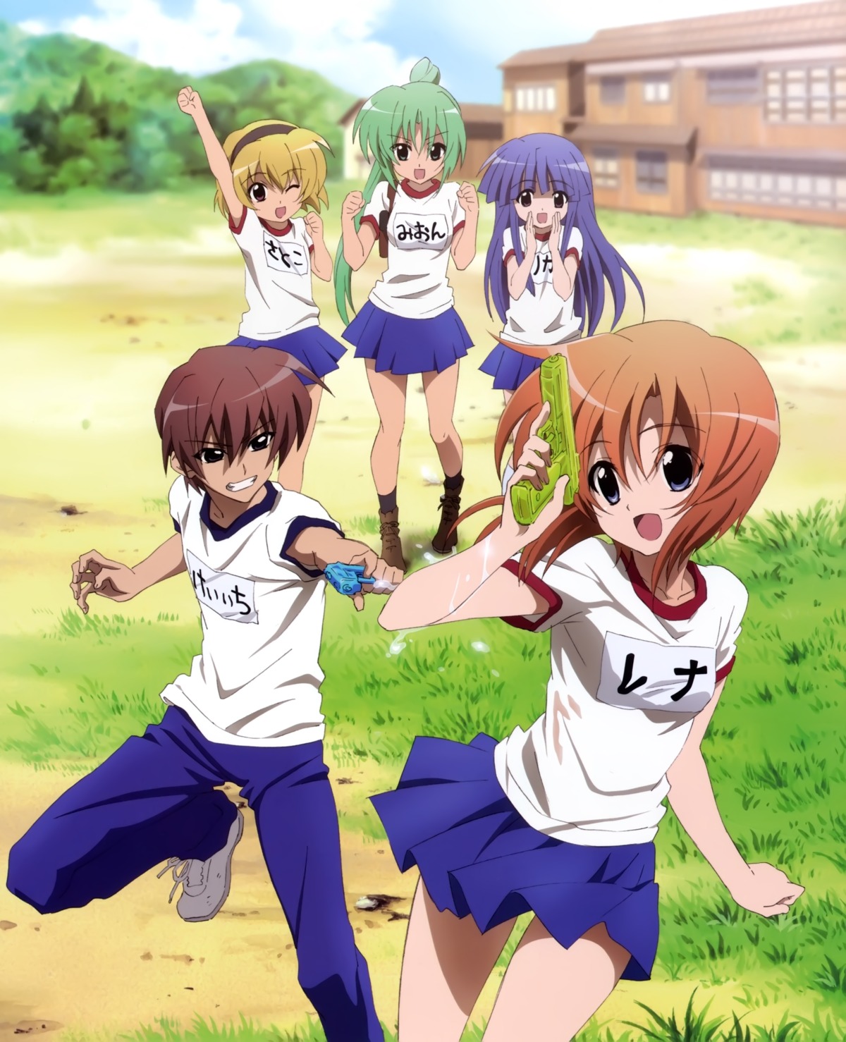 furude_rika, gym_uniform, higurashi_no_naku_koro_ni, houjou_satoko, maebara_keiichi, ryuuguu_rena, sakai_kyuuta, sonozaki_mion