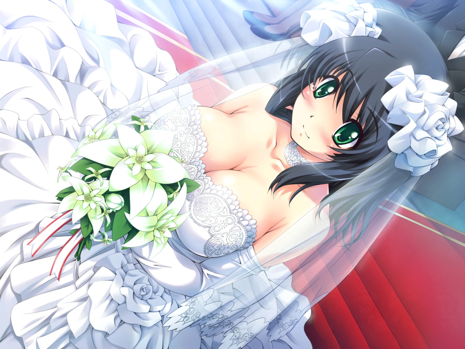 cleavage, dress, escu:de, game_cg, mizunezumi, otome_renshin_prister, ranka_shirogane, see_through, wedding_dress