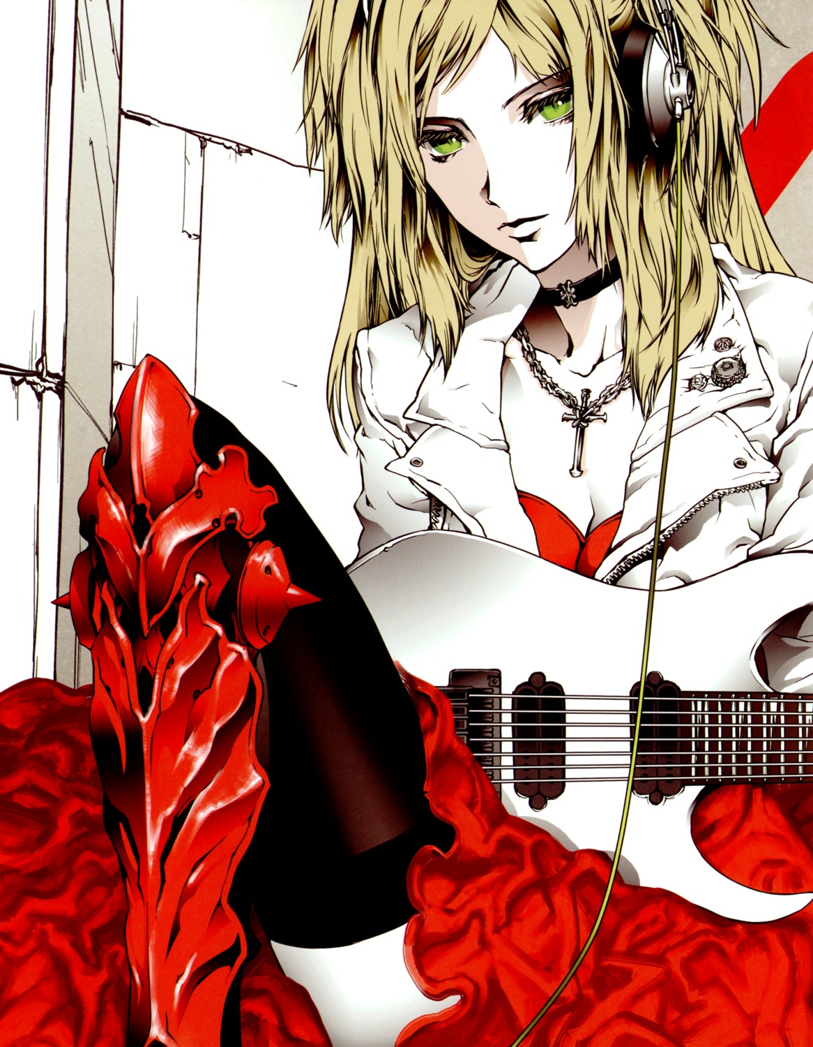 guitar, headphones, kagamine_rin, nagimiso, nagimiso.sys, thighhighs, vocaloid