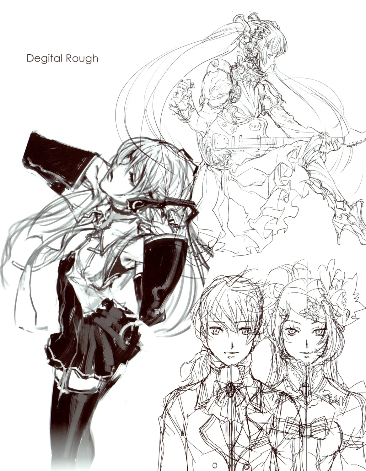 hatsune_miku, kagamine_len, kagamine_rin, monochrome, nagimiso, nagimiso.sys, sketch, thighhighs