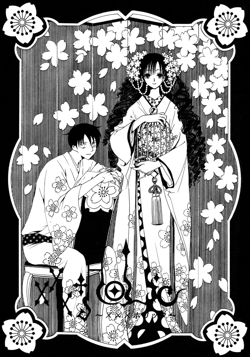 clamp, kimono, kunogi_himawari, monochrome, watanuki_kimihiro, xxxholic