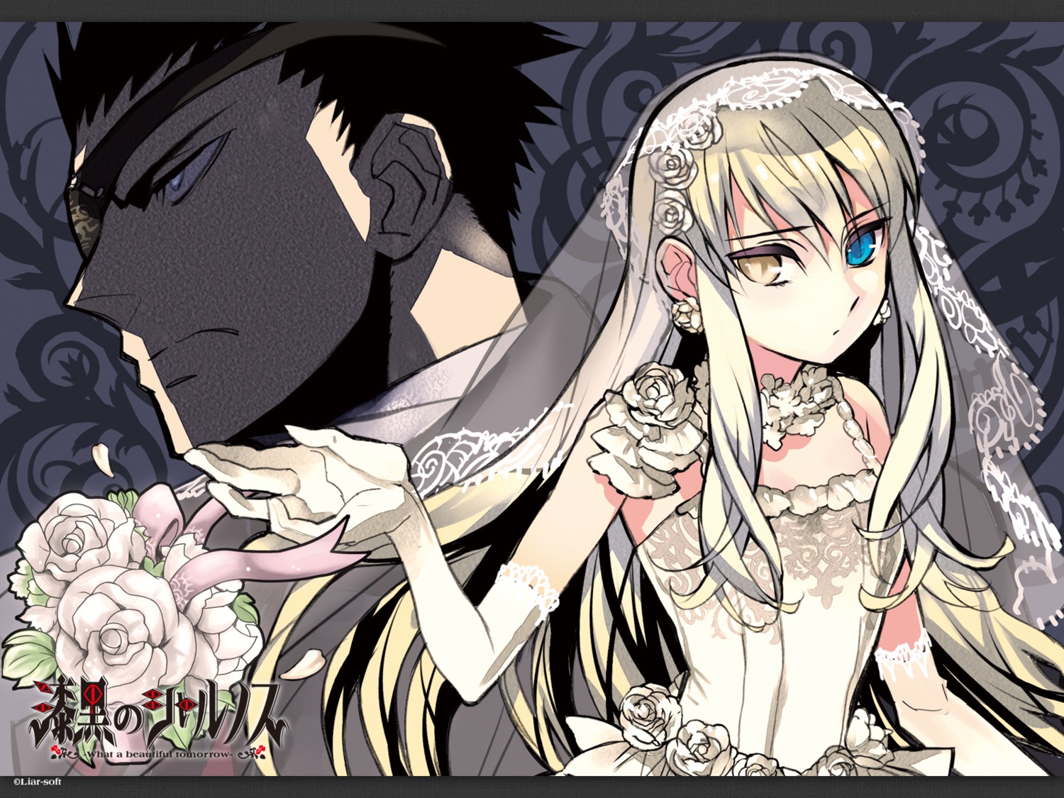 akira_(kaned_fools), dress, heterochromia, m_(sharnoth), mary_clarissa_christie, shikkoku_no_sharnoth, wallpaper, wedding_dress