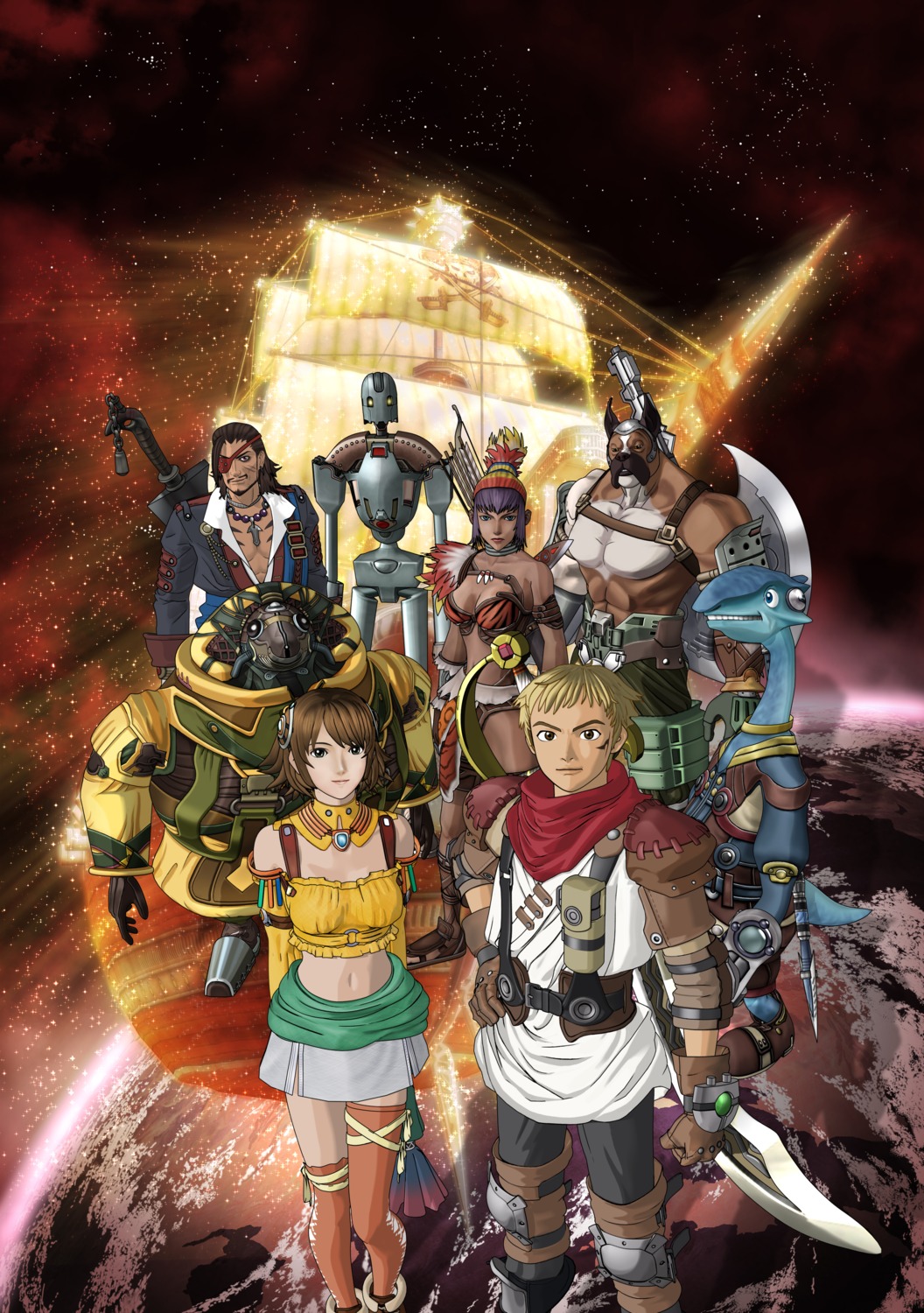 armor, bikini, cg, cleavage, deego_aegis, dorgenark, eyepatch, jaster_rogue, jupis_tooki_mcganel, kisala, lilika_rhyza, mecha, morinaga_jirou, nagao_keiji, open_shirt, rogue_galaxy, simon_wicard, steve, swimsuits, sword, thighhighs, zegram_ghart