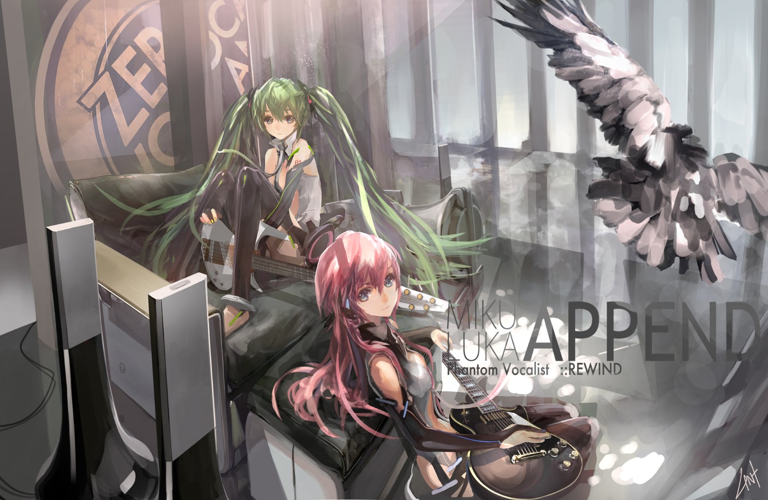 guitar, hatsune_miku, lin+, megurine_luka, miku_append, vocaloid, vocaloid_append