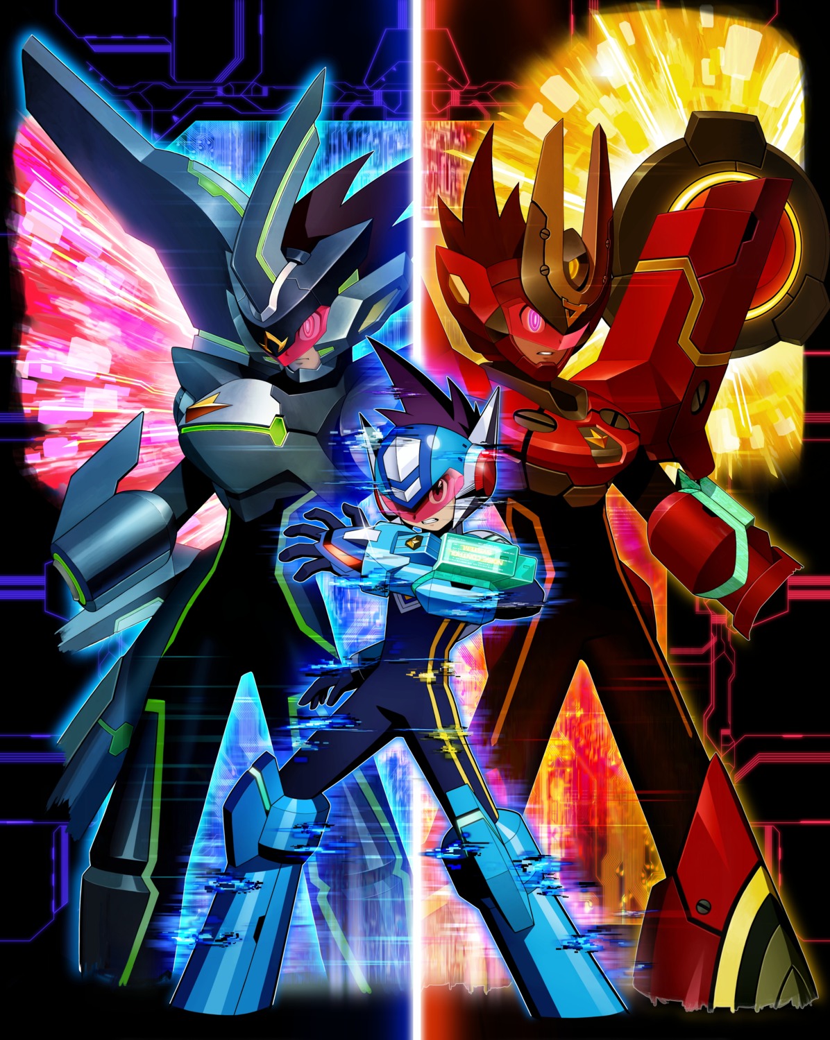 armor, black_ace, bodysuit, capcom, gun, horns, hoshikawa_subaru_(rockman), male, red_joker, rockman, ryuusei_no_rockman, ryuusei_no_rockman_3