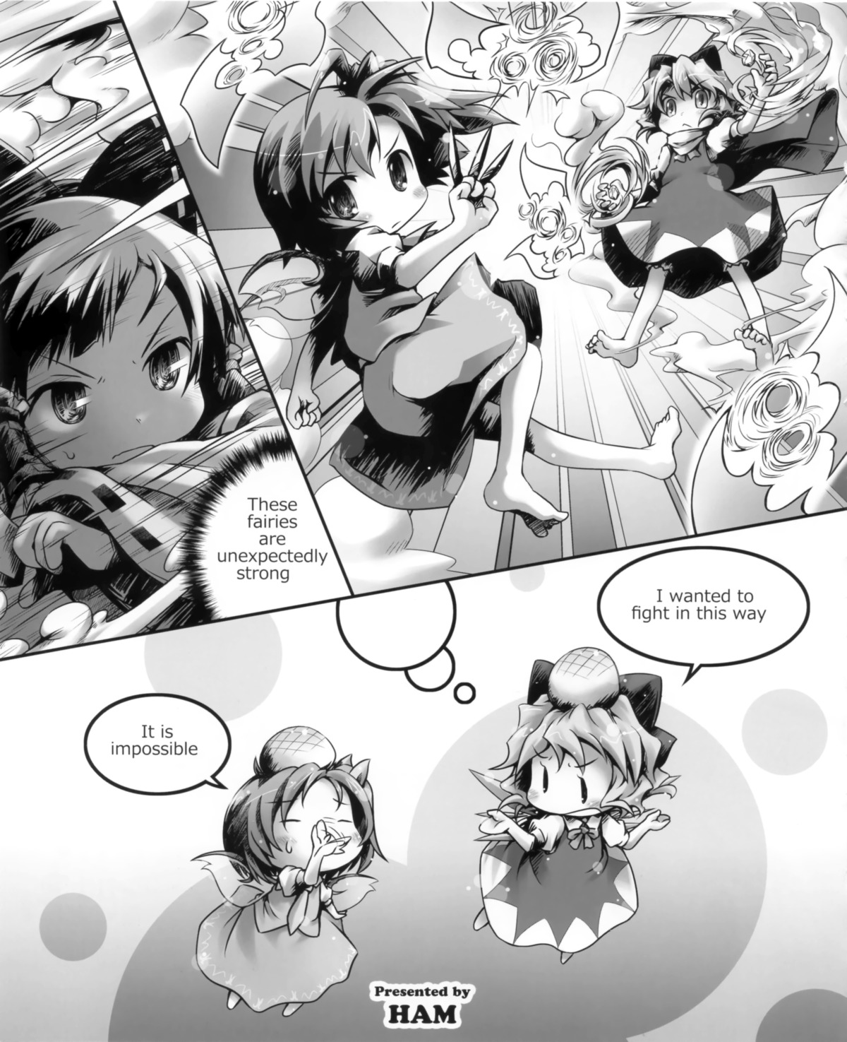 cirno, daiyousei, hakurei_reimu, ham, monochrome, touhou