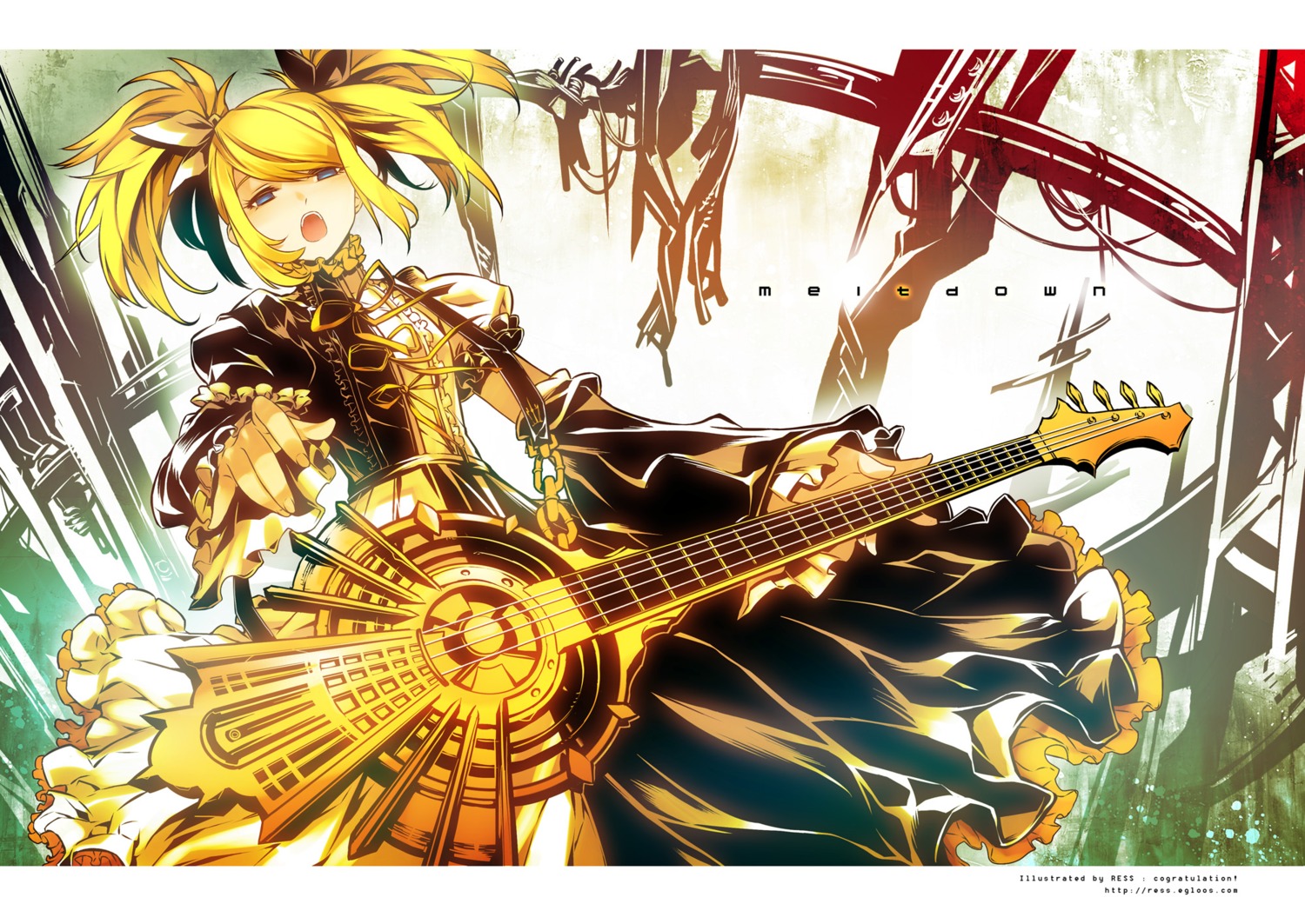 dress, guitar, kagamine_rin, meltdown_(vocaloid), ress, vocaloid