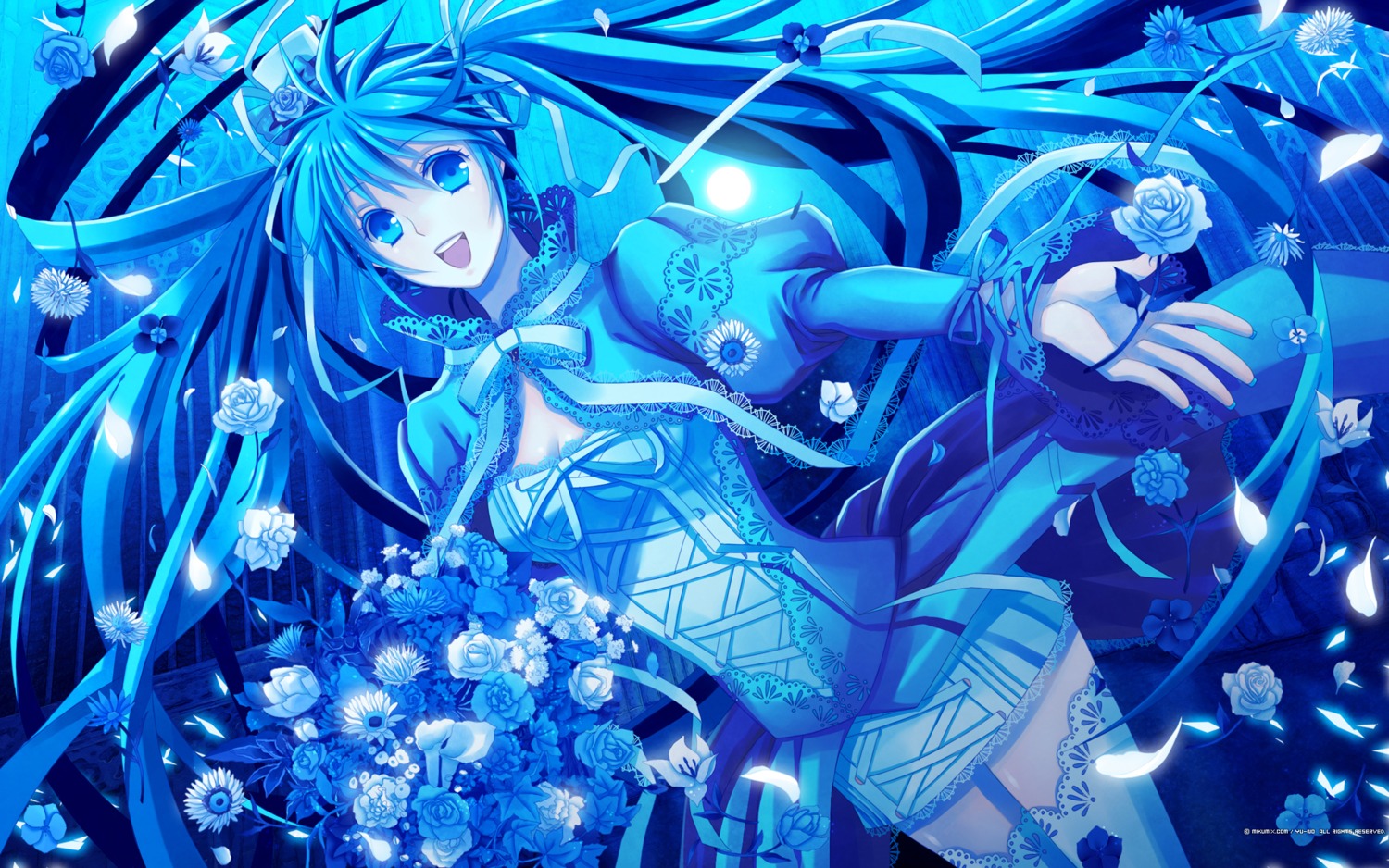 hatsune_miku, thighhighs, vocaloid, wallpaper, yuuno_(yukioka)