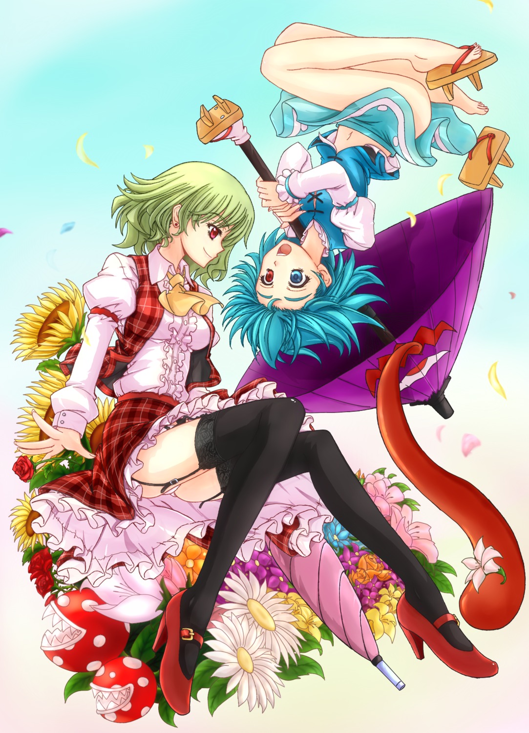 heterochromia, kazami_yuuka, mickey_dunn, pantsu, stockings, tatara_kogasa, thighhighs, touhou