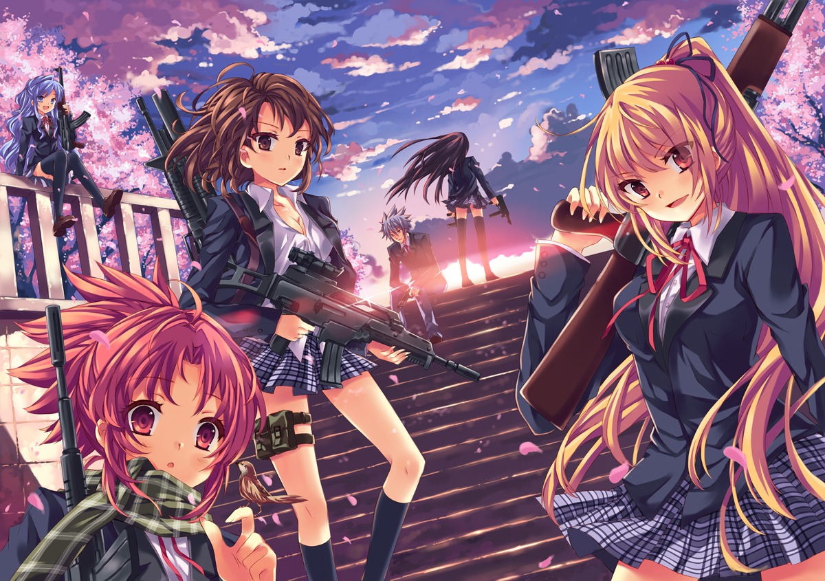 cleavage, gun, peach, seifuku, thighhighs