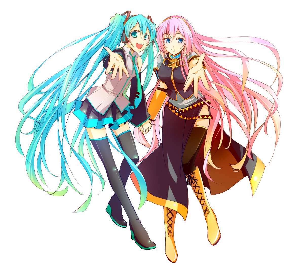 haru_aki, hatsune_miku, megurine_luka, thighhighs, vocaloid