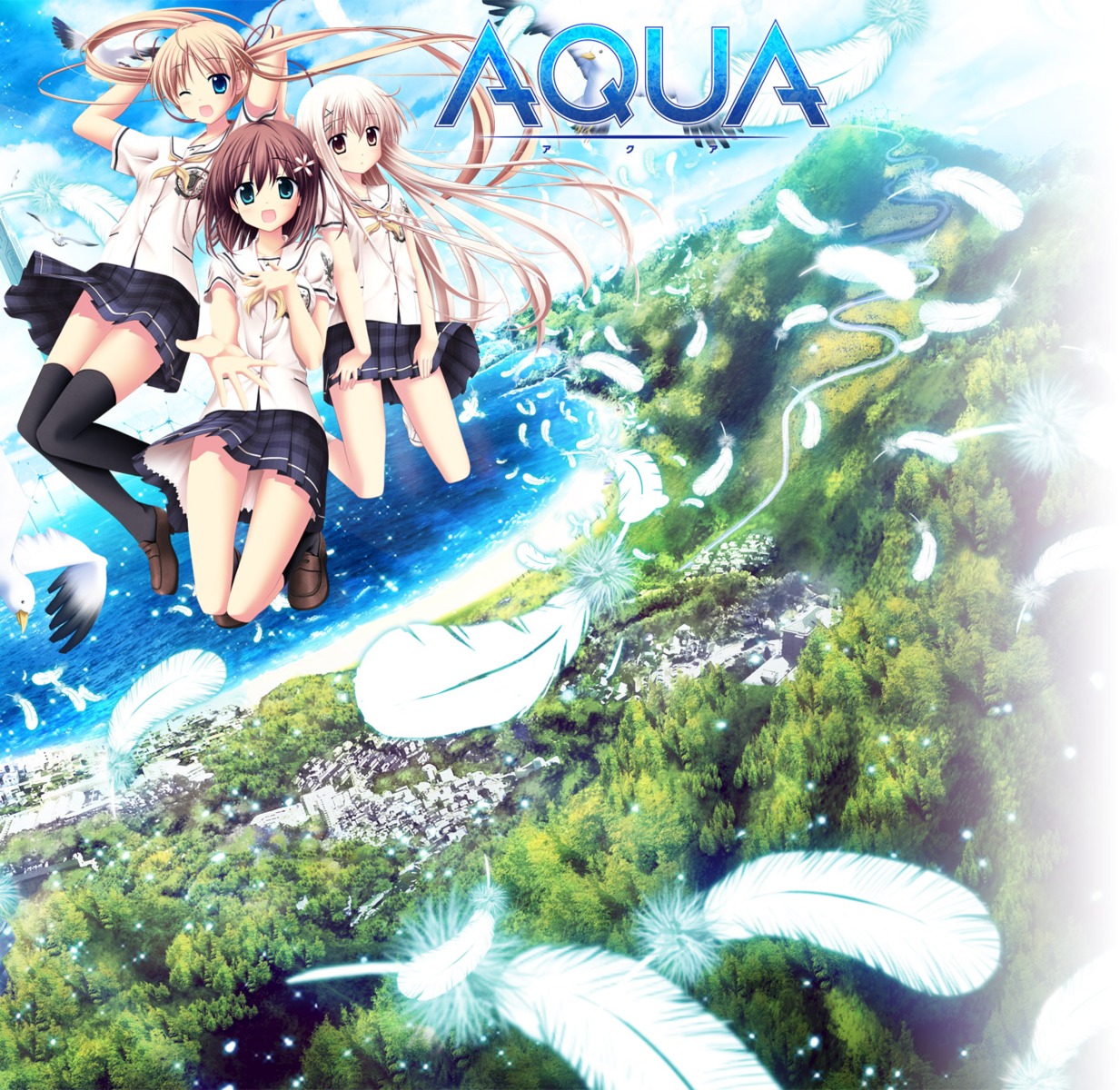 akizuki_tsukasa, aqua, minami_rin, nonomiya_chisa, seifuku, sorahane, tsukishiro_nanari