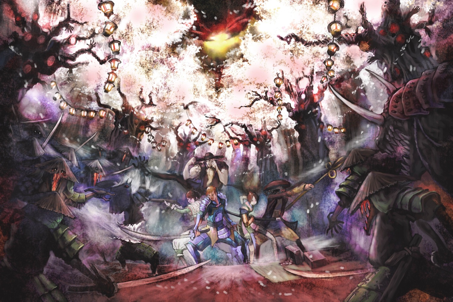 armor, japanese_clothes, landscape, monster, onimusha, sword