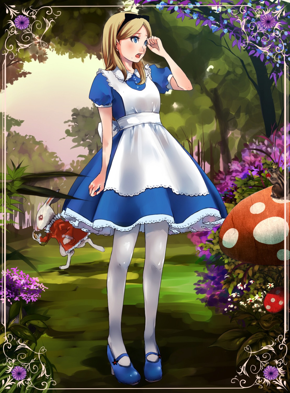 alice, alice_in_wonderland, dress, pantyhose, shigureteki, white_rabbit
