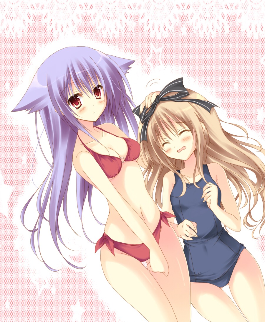 animal_ears, asakura_satsu, bikini, cleavage, kiriya_nozomi, mayoi_neko_overrun, nekomimi, school_swimsuit