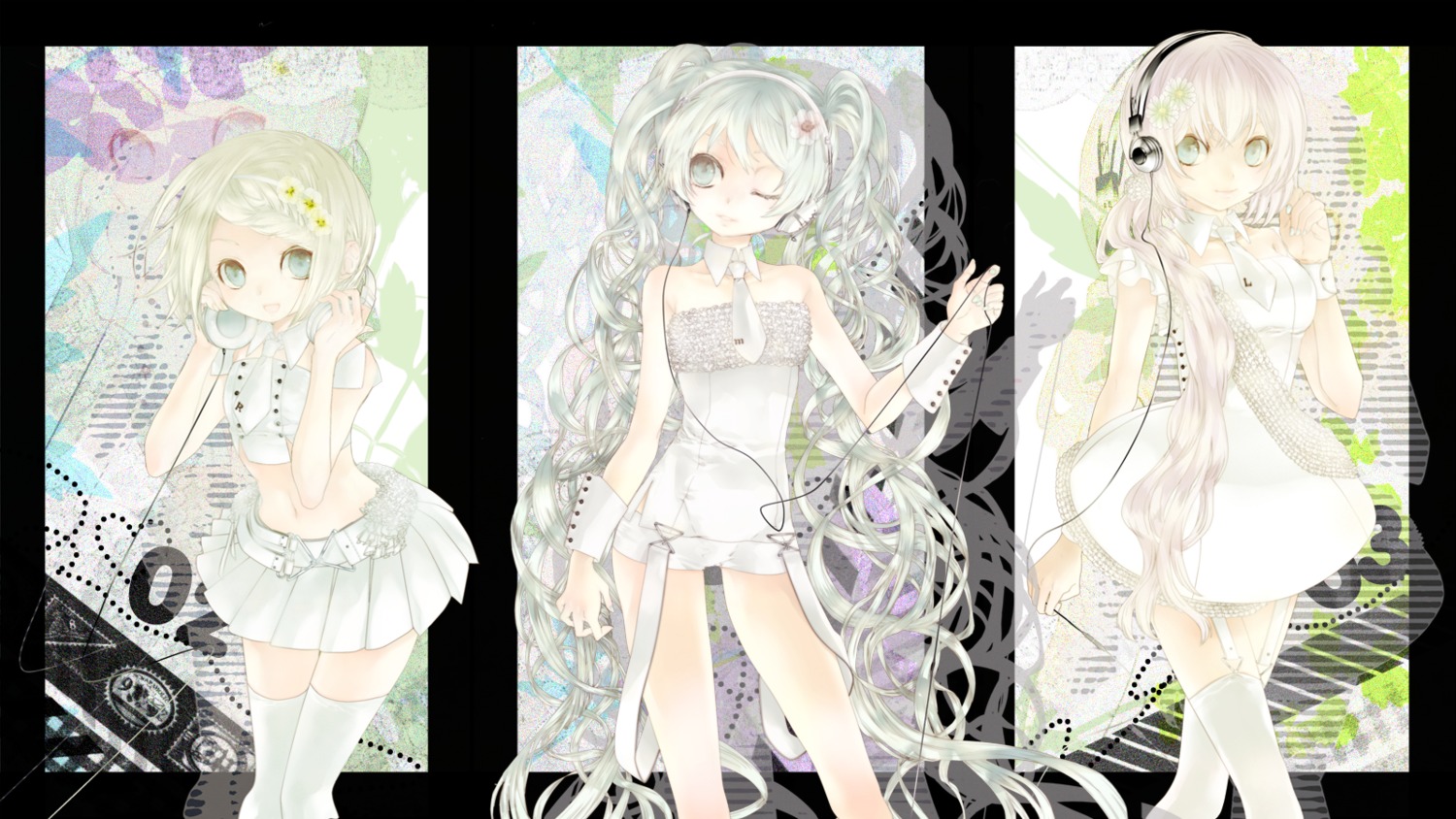 dress, ebisu_kana, hatsune_miku, headphones, kagamine_rin, megurine_luka, vocaloid, wallpaper
