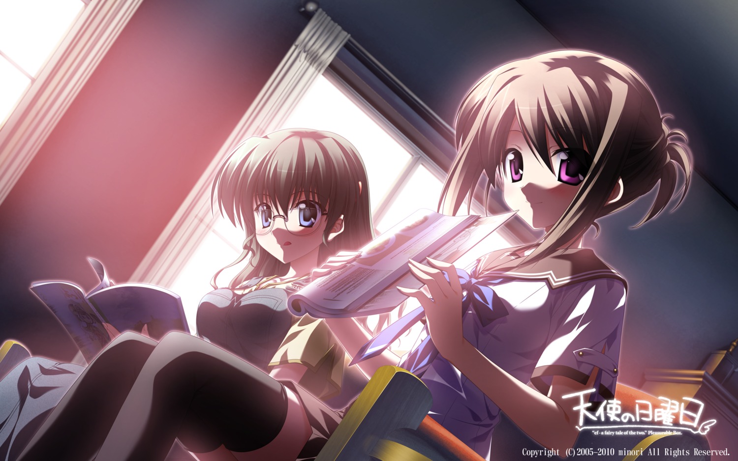 asou_sumire, ef_~a_fairytale_of_the_two~, hayama_mizuki_(angel's_sunday), megane, minori, nanao_naru, seifuku, shouna_mitsuishi, tenshi_no_nichiyoubi, thighhighs, wallpaper