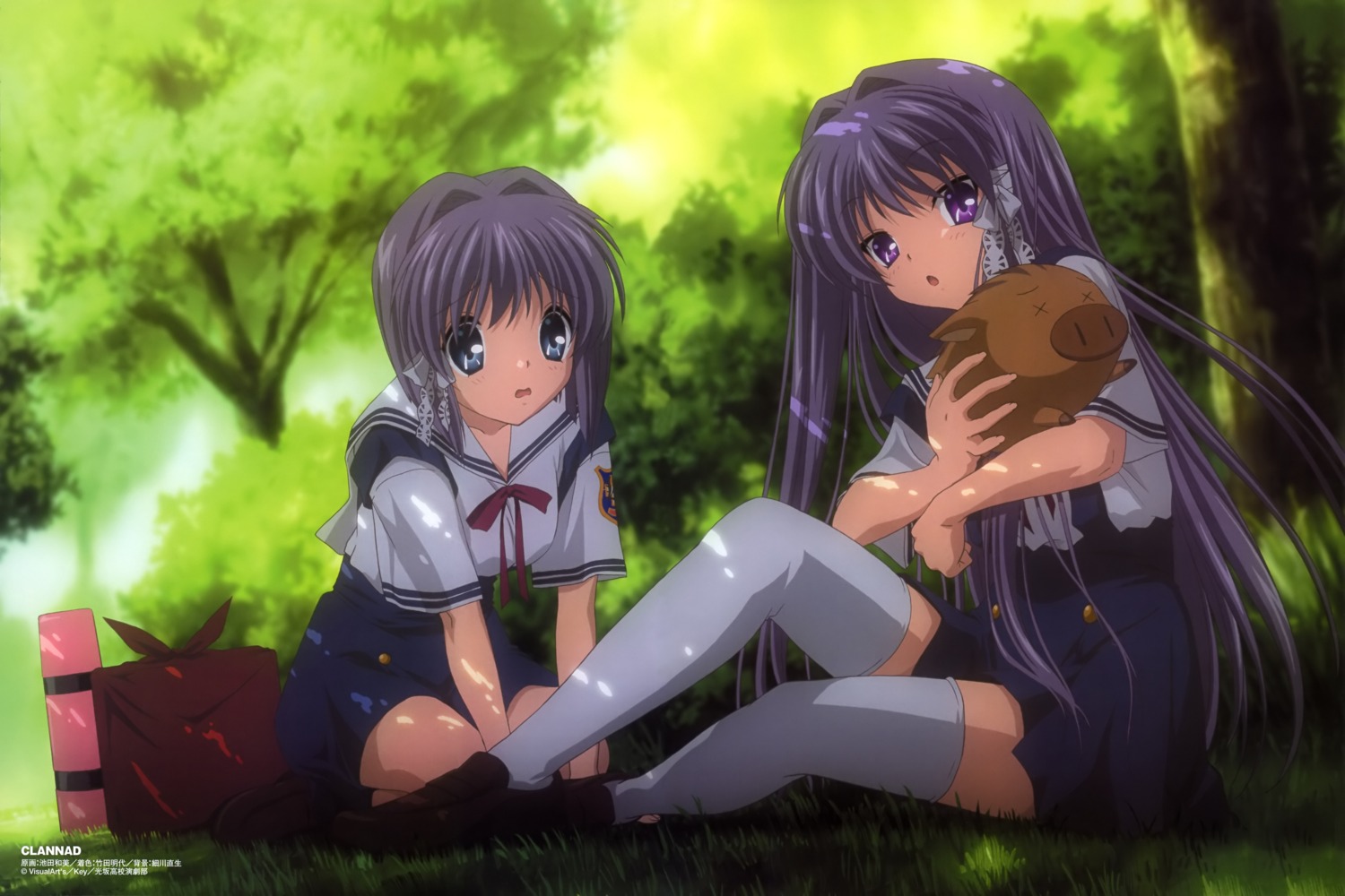 botan_(clannad), clannad, fujibayashi_kyou, fujibayashi_ryou, ikeda_kazumi, seifuku, thighhighs