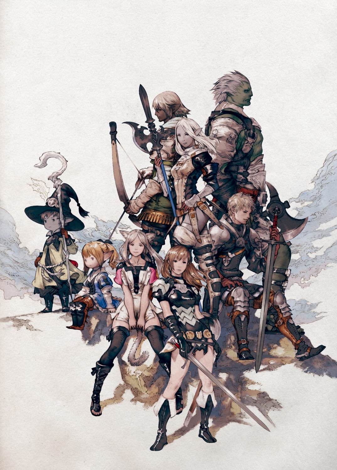 animal_ears, final_fantasy, final_fantasy_xiv, pointy_ears, thighhighs, weapon, yoshida_akihiko