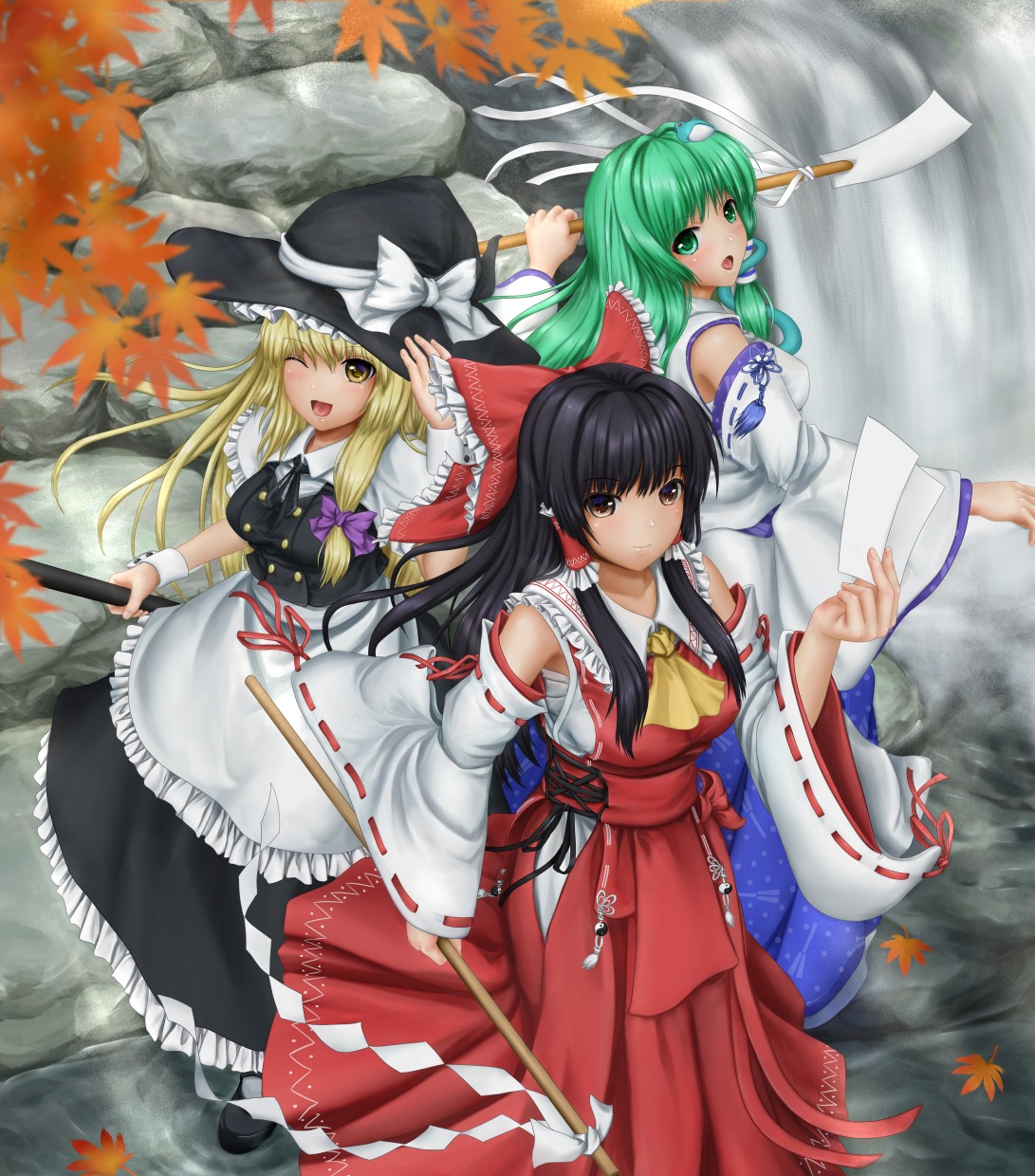 hakurei_reimu, kirisame_marisa, kochiya_sanae, miyakouji, touhou