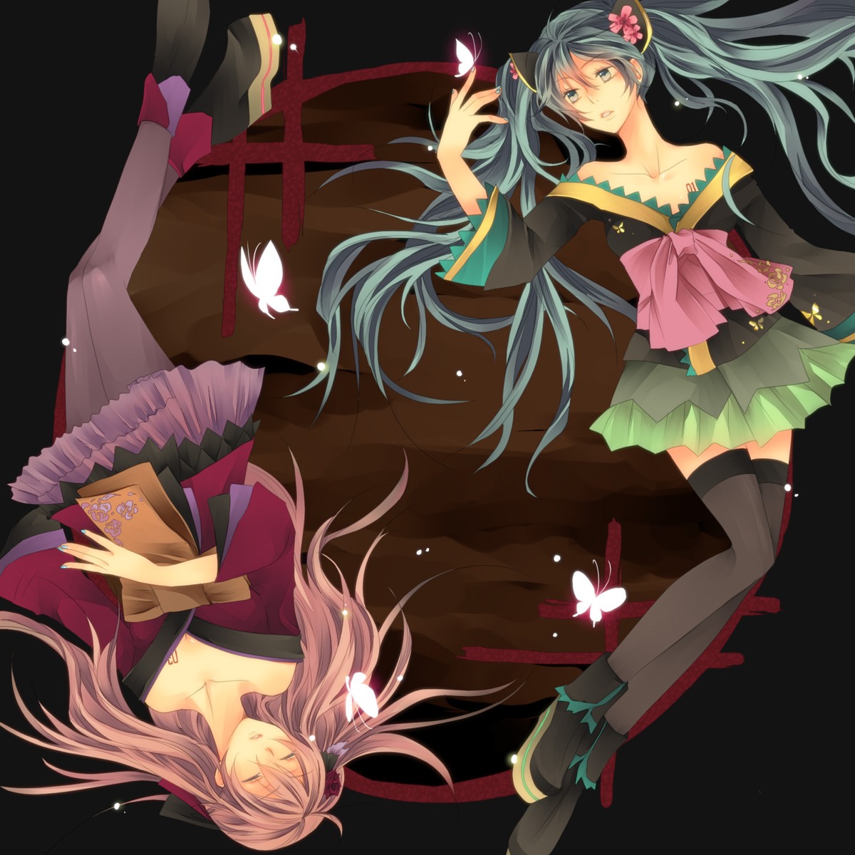 hatsune_miku, jikei, magnet_(vocaloid), megurine_luka, pantyhose, thighhighs, vocaloid