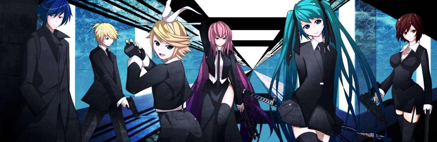 coppelia, dress, gun, hatsune_miku, kagamine_len, kagamine_rin, kaito, megurine_luka, meiko, stockings, sword, thighhighs, vocaloid