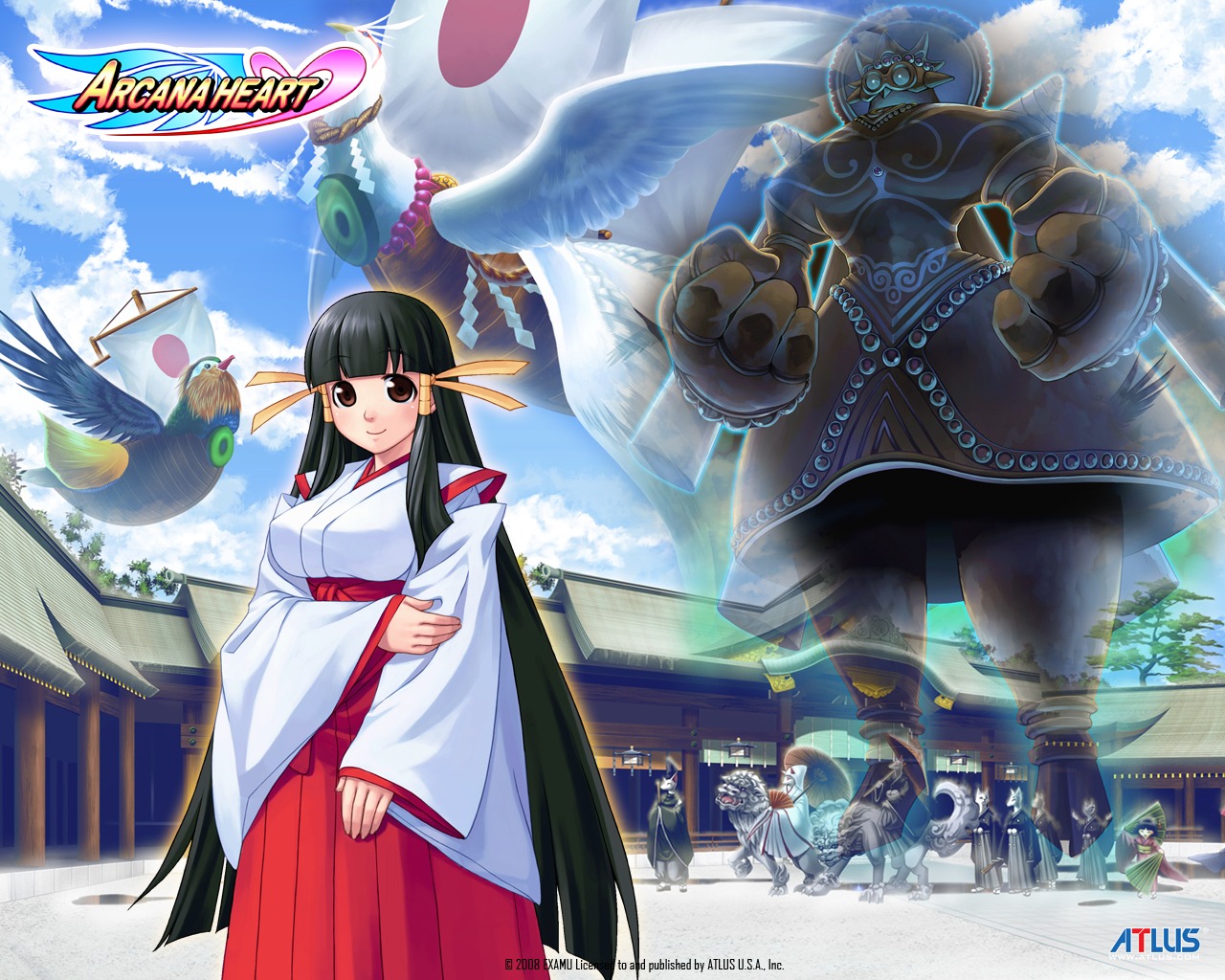 arcana_heart, kasuga_maori, miko, mizuki_gyokuran, monster, wallpaper, wings