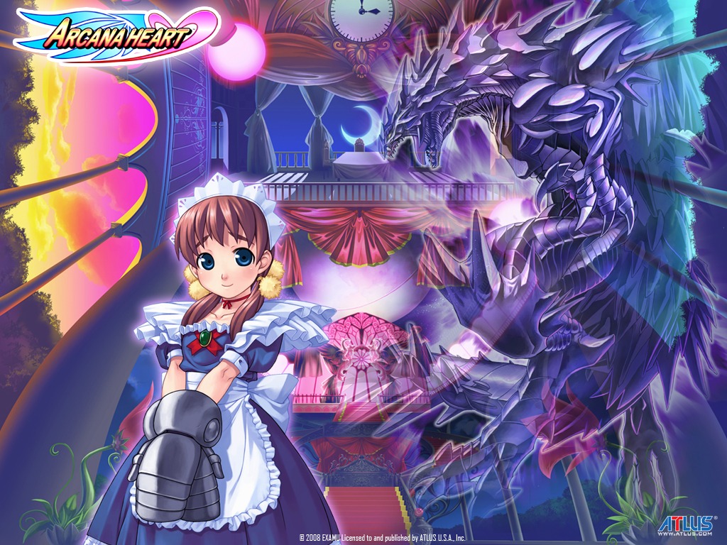 arcana_heart, armor, dress, fiona_mayfield, maid, mizuki_gyokuran, monster, wallpaper