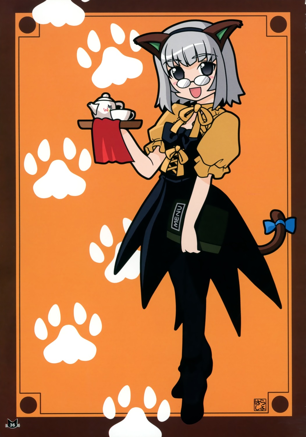 animal_ears, harada_shoutarou, megane, nekomimi, pantyhose, tail, waitress