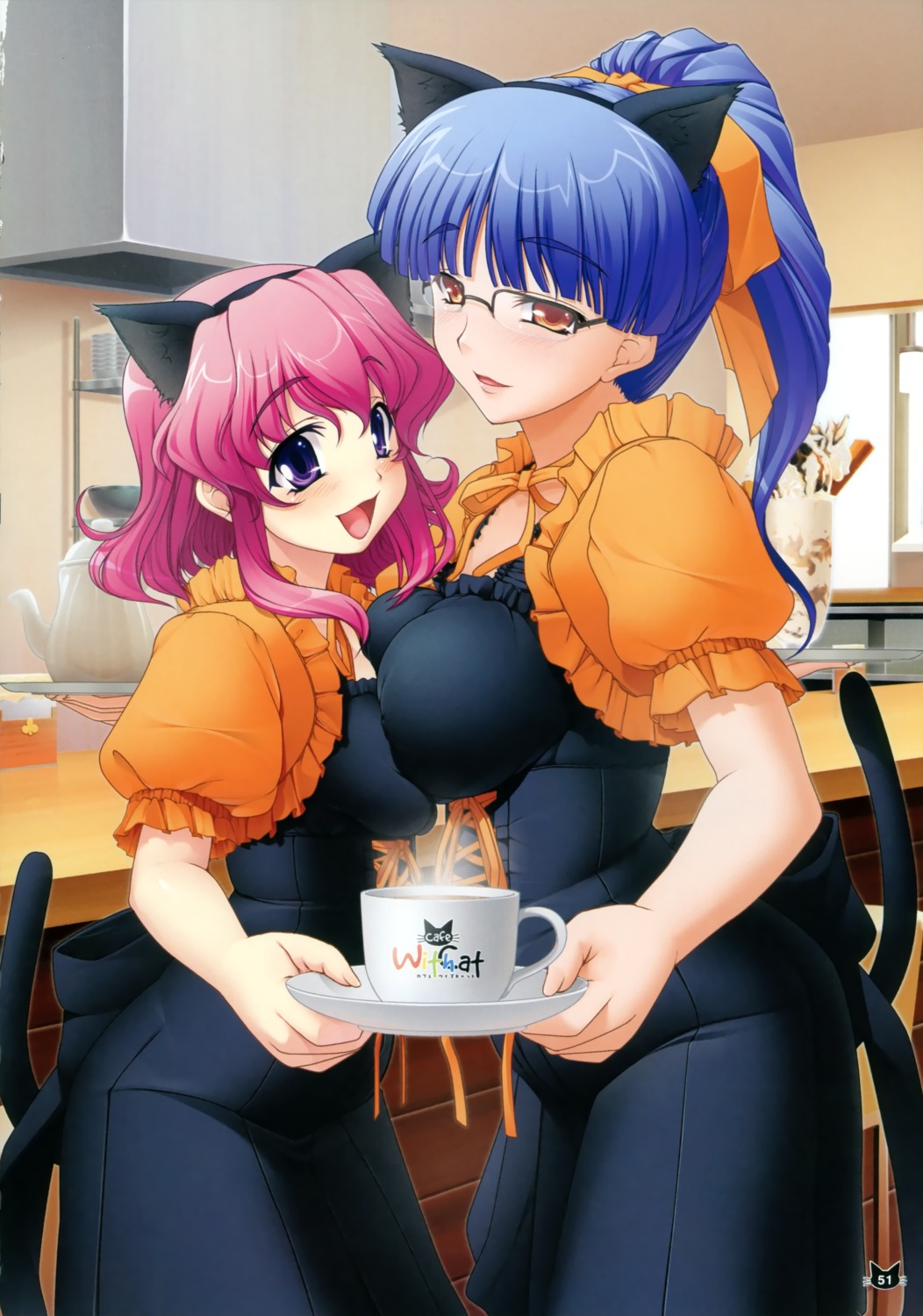 animal_ears, kirin_kakeru, megane, nekomimi, tail, waitress