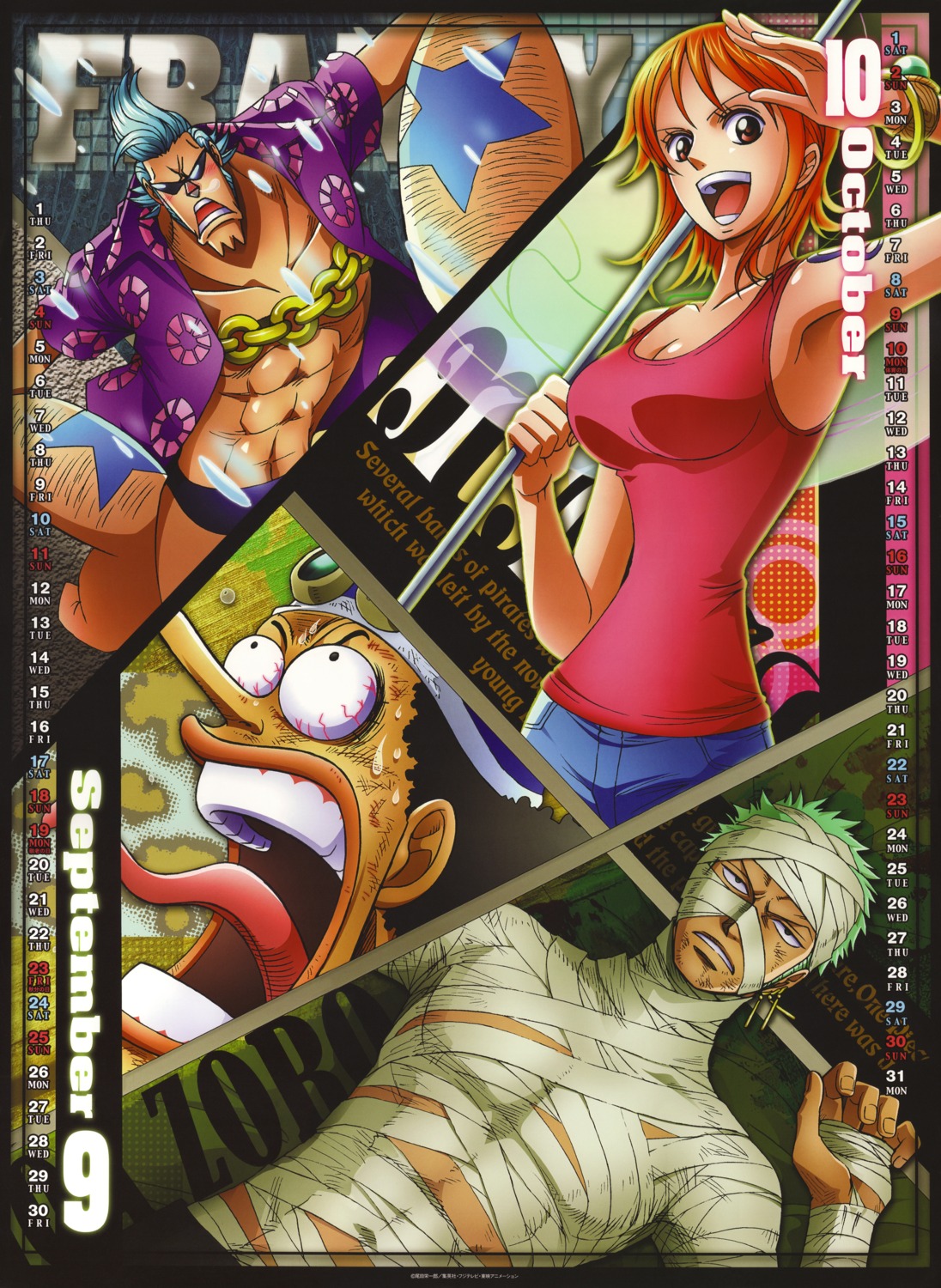 bandages, calendar, cleavage, franky, megane, nami, one_piece, open_shirt