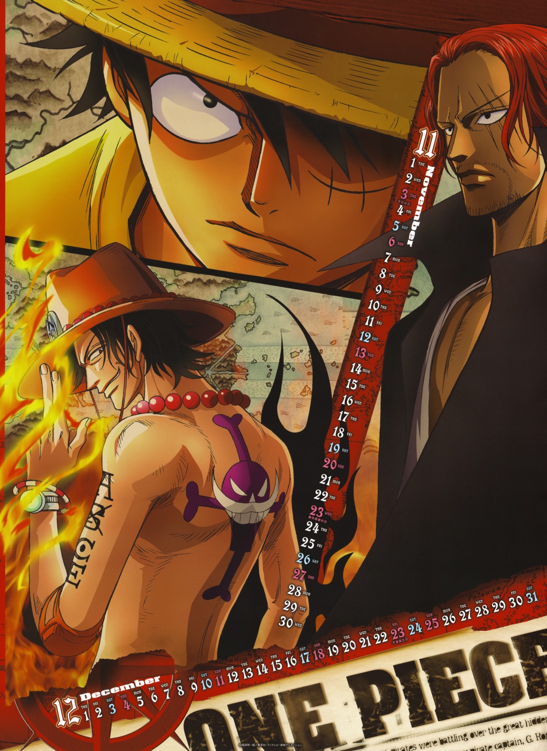 calendar, male, monkey_d_luffy, one_piece, open_shirt, portgas_d_ace, shanks
