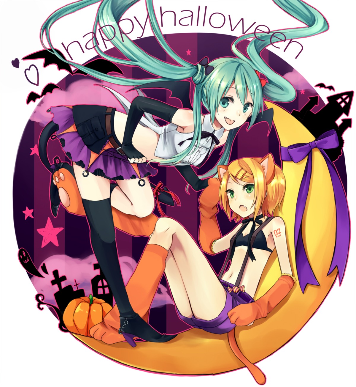 animal_ears, bikini_top, bra, halloween, hatsune_miku, kagamine_rin, swimsuits, tail