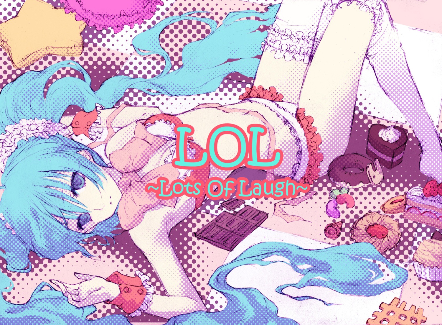 bra, hatsune_miku, lilith_bloody, lingerie, lots_of_laugh_(vocaloid), pantsu, thighhighs, vocaloid