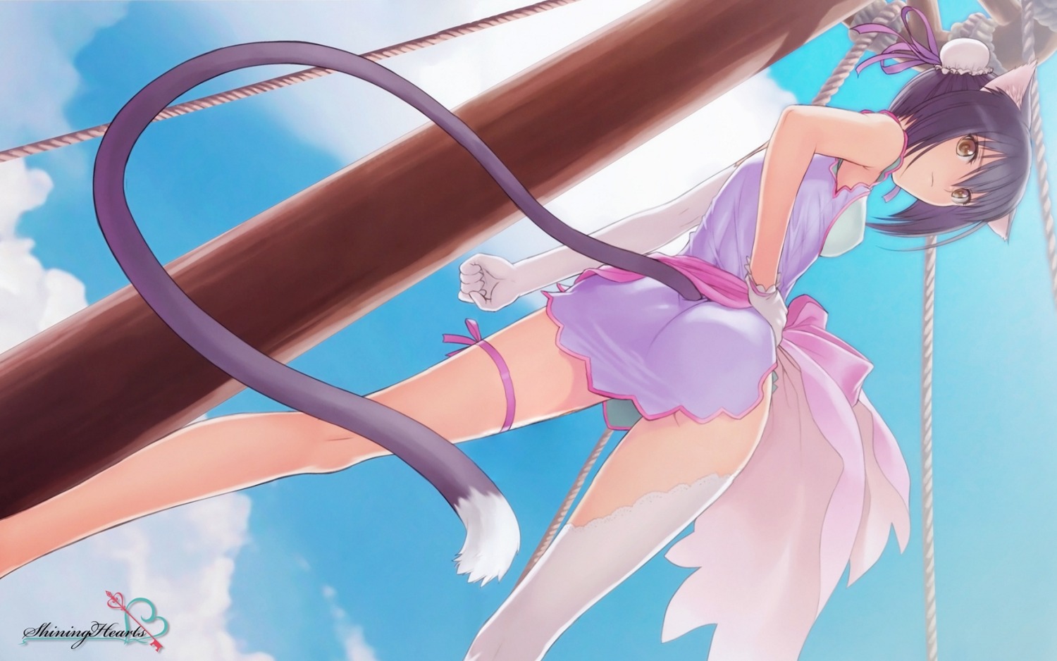 animal_ears, ass, chinadress, garter, lin_xiao-mei, nekomimi, sega, shining_hearts, shining_world, tail, thighhighs, tony_taka, wallpaper