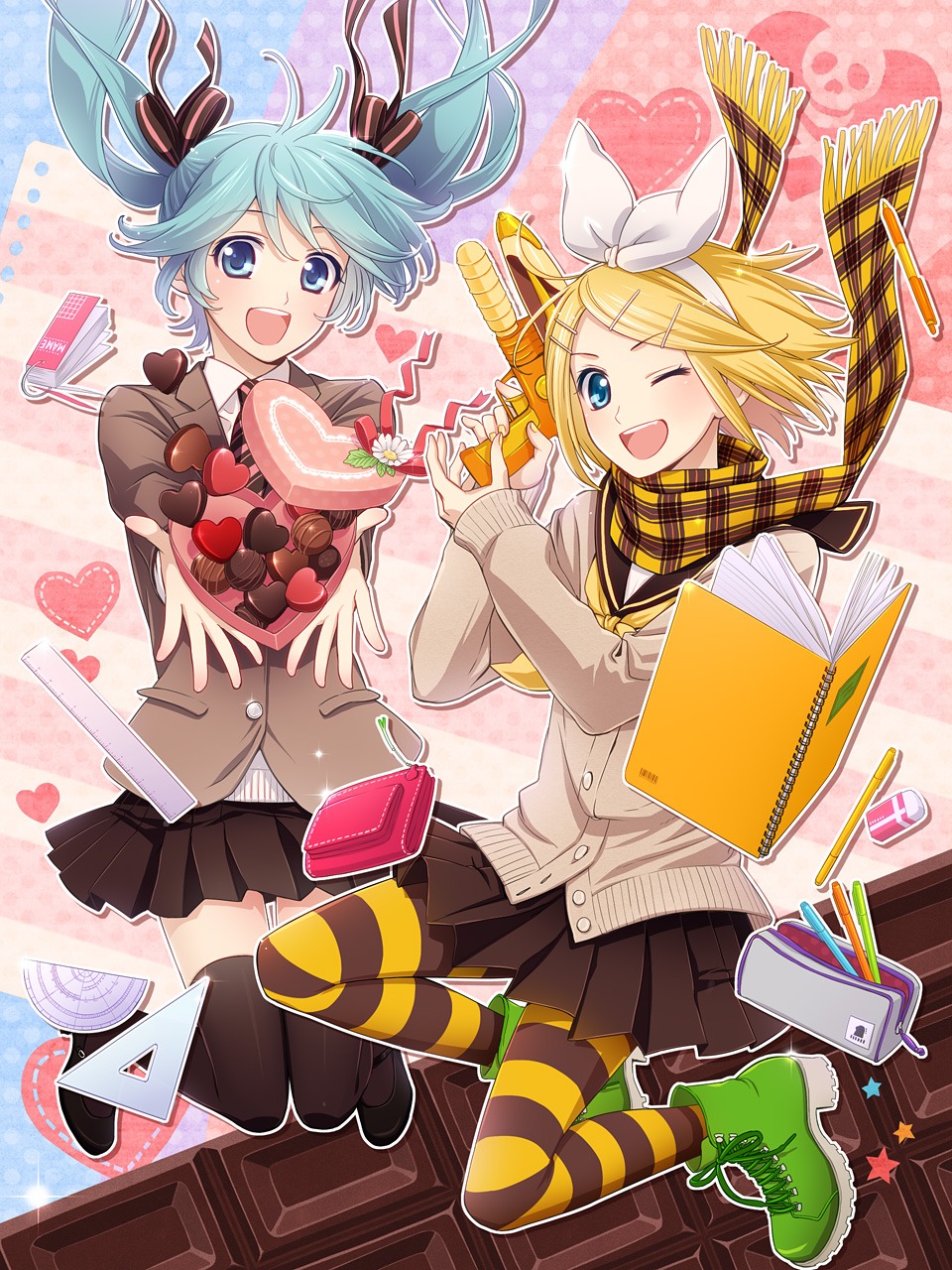 hatsune_miku, hima_(ab_gata), kagamine_rin, pantyhose, seifuku, thighhighs, valentine, vocaloid