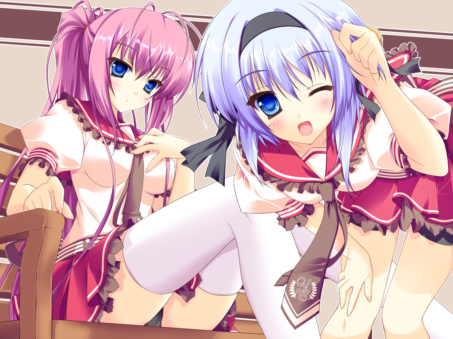 bike_shorts, hayakawa_harui, hinata_ibuki, hoshizora_e_kakaru_hashi, pantsu, sakai_hina, thighhighs, wallpaper