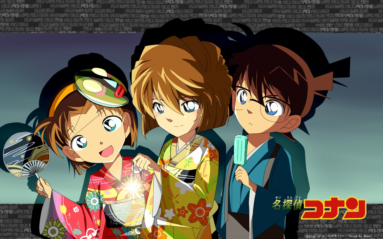 bison_cangshu, edogawa_conan, haibara_ai, kimono, megane, meitantei_conan, wallpaper, yoshida_ayumi