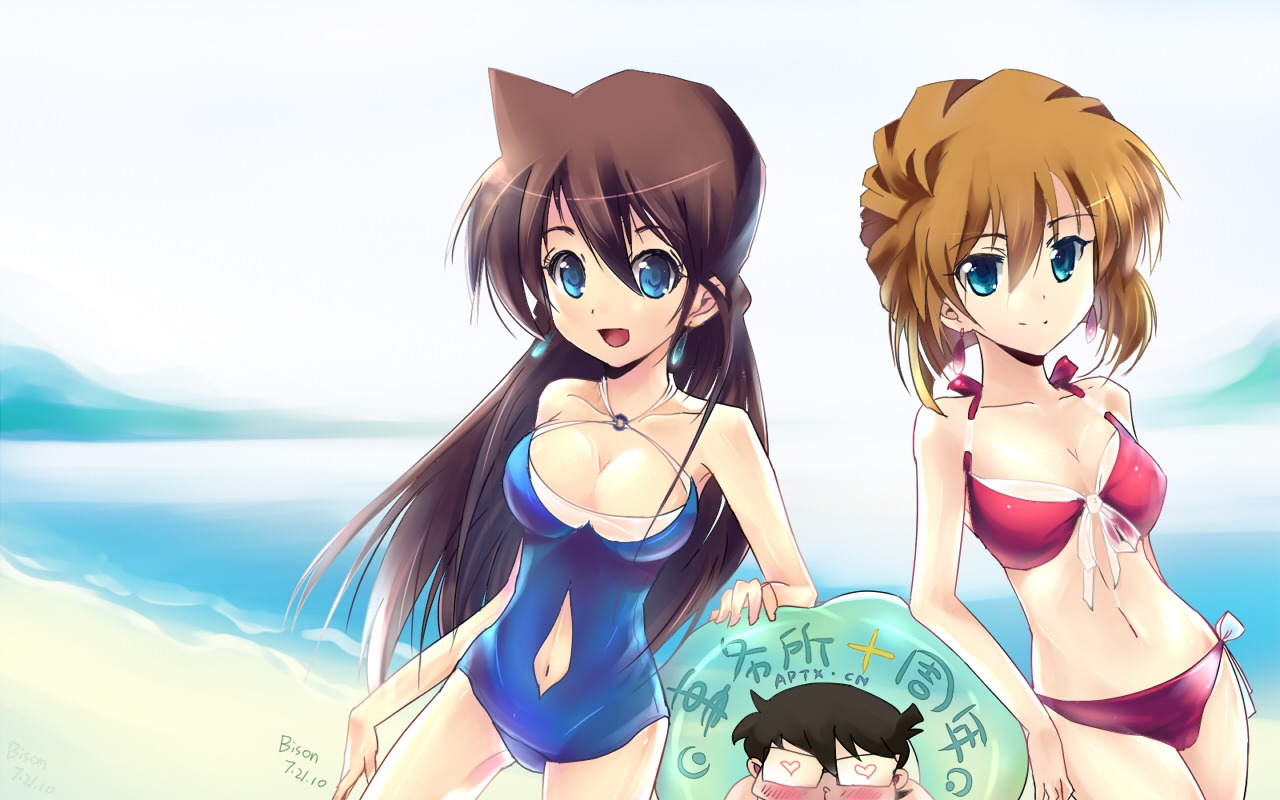 bikini, bison_cangshu, cleavage, edogawa_conan, haibara_ai, megane, meitantei_conan, mouri_ran