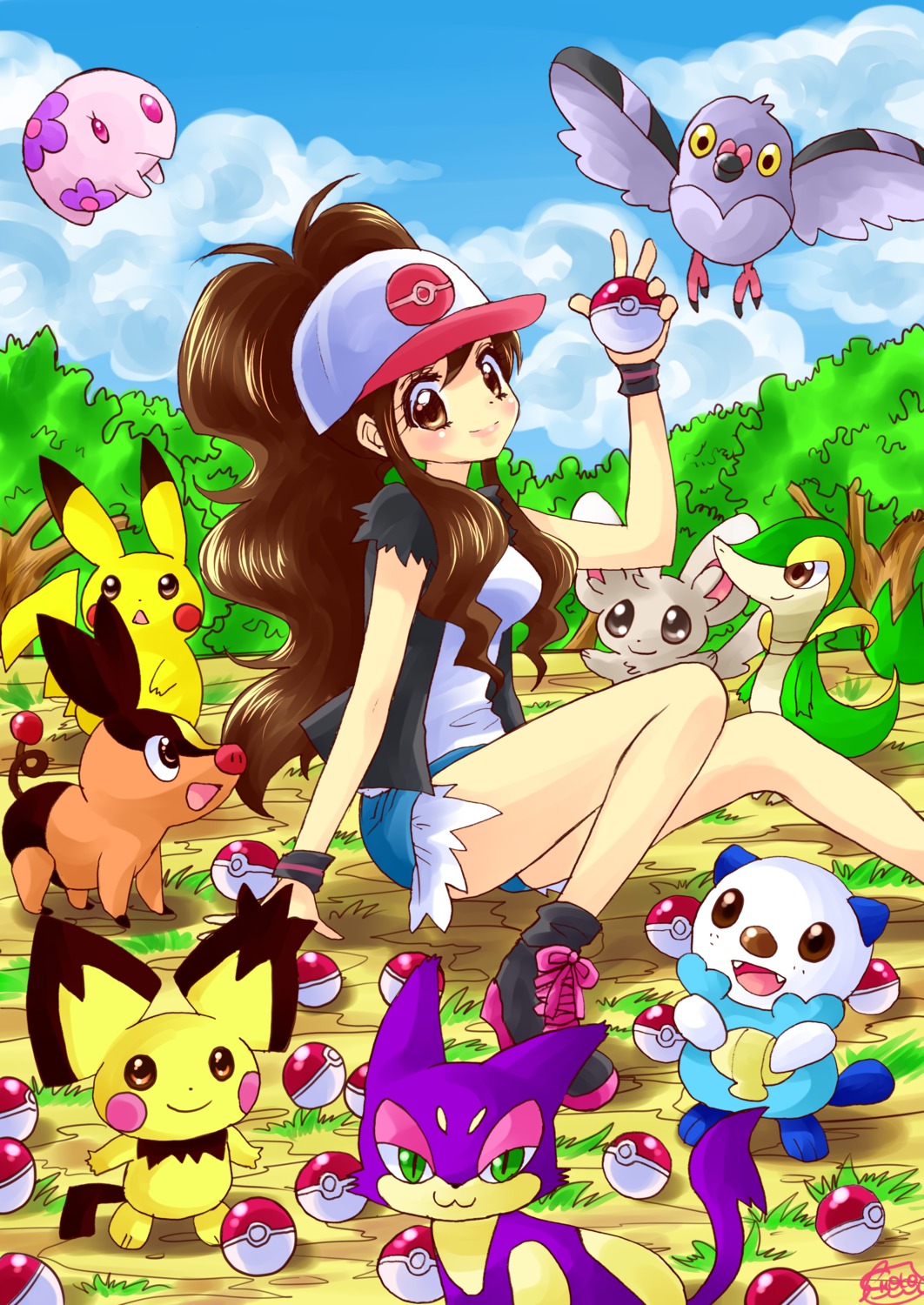 minccino, munna, nakagawa_shouko, notched-ear_pichu, oshawott, pidove, pikachu, pokemon, pokemon_bw, purrloin, snivy, tepig, touko_(pokemon)