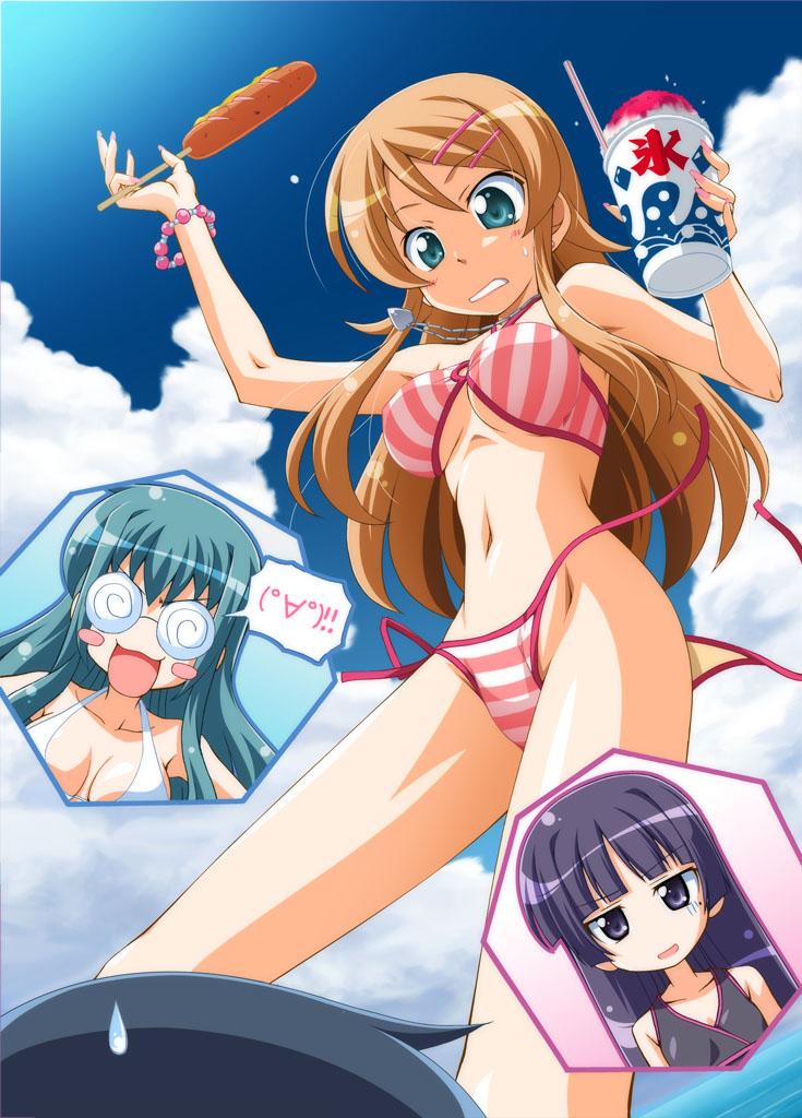 bikini, cleavage, gokou_ruri, jpeg_artifacts, kousaka_kirino, makishima_saori, musashiya_chougenbou, ore_no_imouto_ga_konnani_kawaii_wake_ga_nai, swimsuits, wardrobe_malfunction