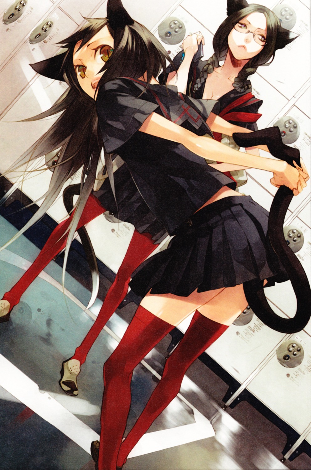 animal_ears, binding_discoloration, kazuaki, megane, nekomimi, seifuku, tail, thighhighs
