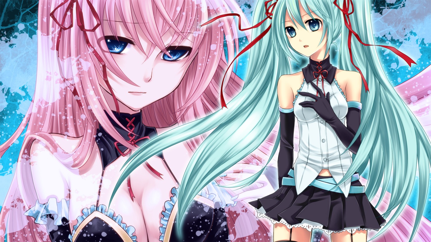 cleavage, hatsune_miku, megurine_luka, stockings, thighhighs, vocaloid, wallpaper, yayoi