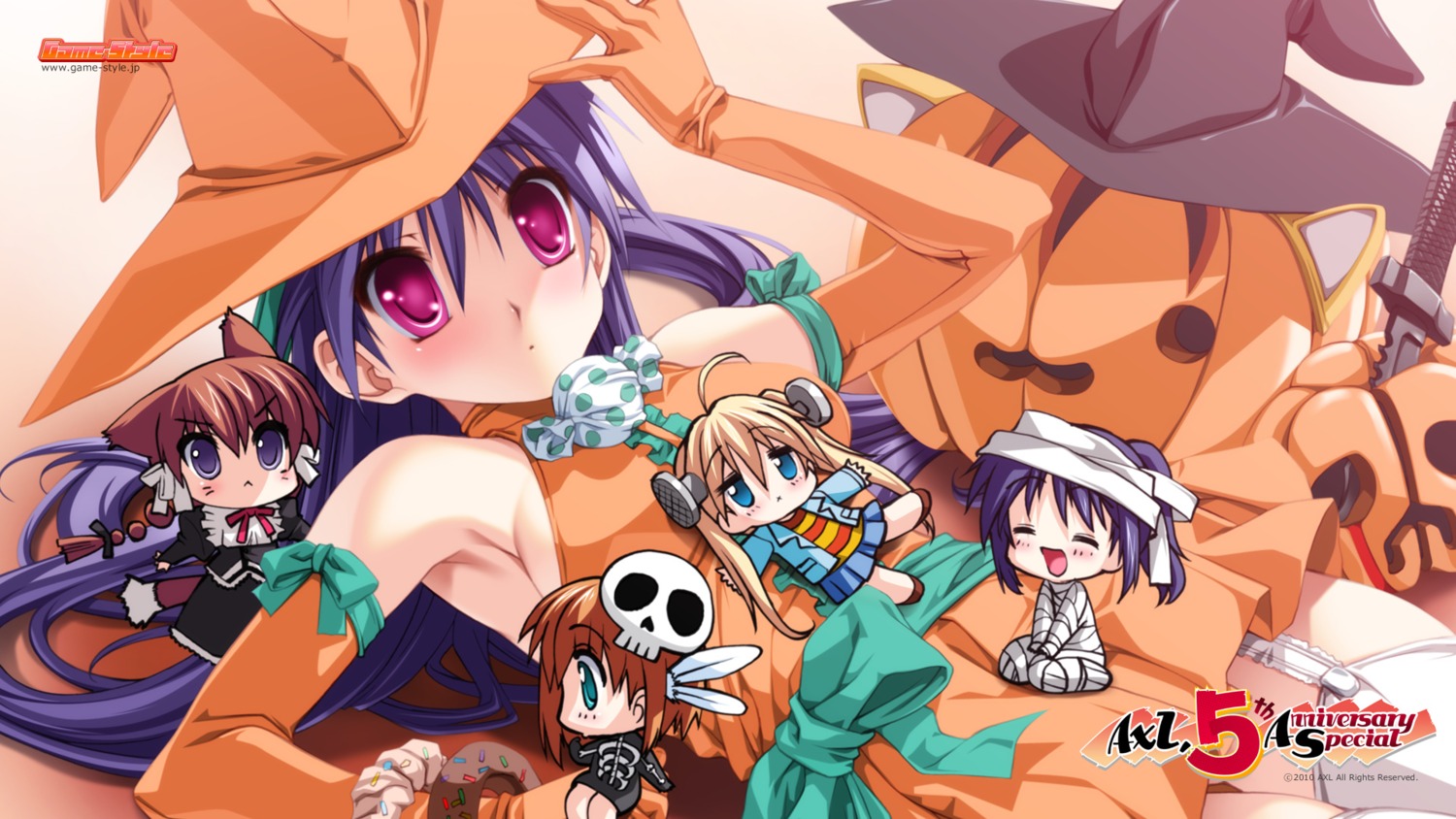 akitsuhara_mizuho, animal_ears, axl, bandages, chibi, cosplay, crossover, dress, elizabeth_reese, game-style, halloween, kashimashi_communication, kimi_no_koe_ga_kikoeru, kiritani_ouka, koisuru_otome_to_syugo_no_tate, like_a_butler, nekomimi, princess_frontier, rokona, sanada_setsuko, senomoto_hisashi, wallpaper, witch