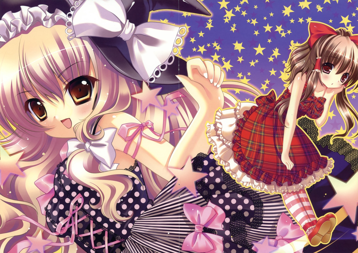 crease, dress, fixme, hakurei_reimu, kinokonomi, kirisame_marisa, konomi, macchatei_koeda
