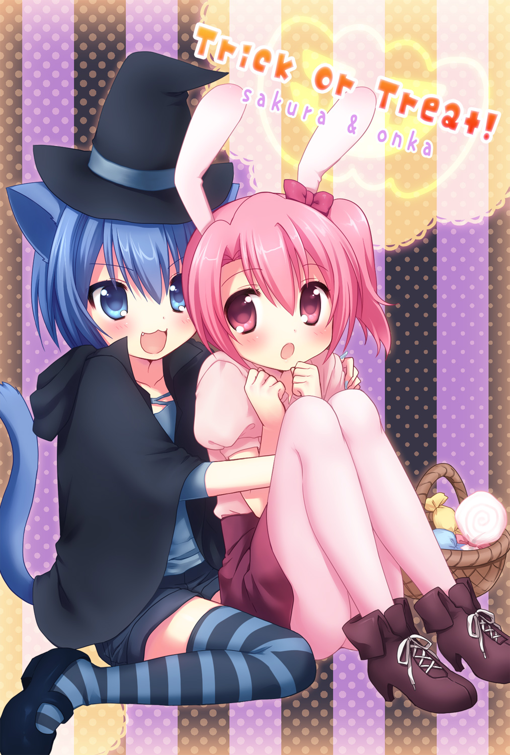 animal_ears, bunny_ears, halloween, nekomimi, onka, pantyhose, sakura_(mani), tail